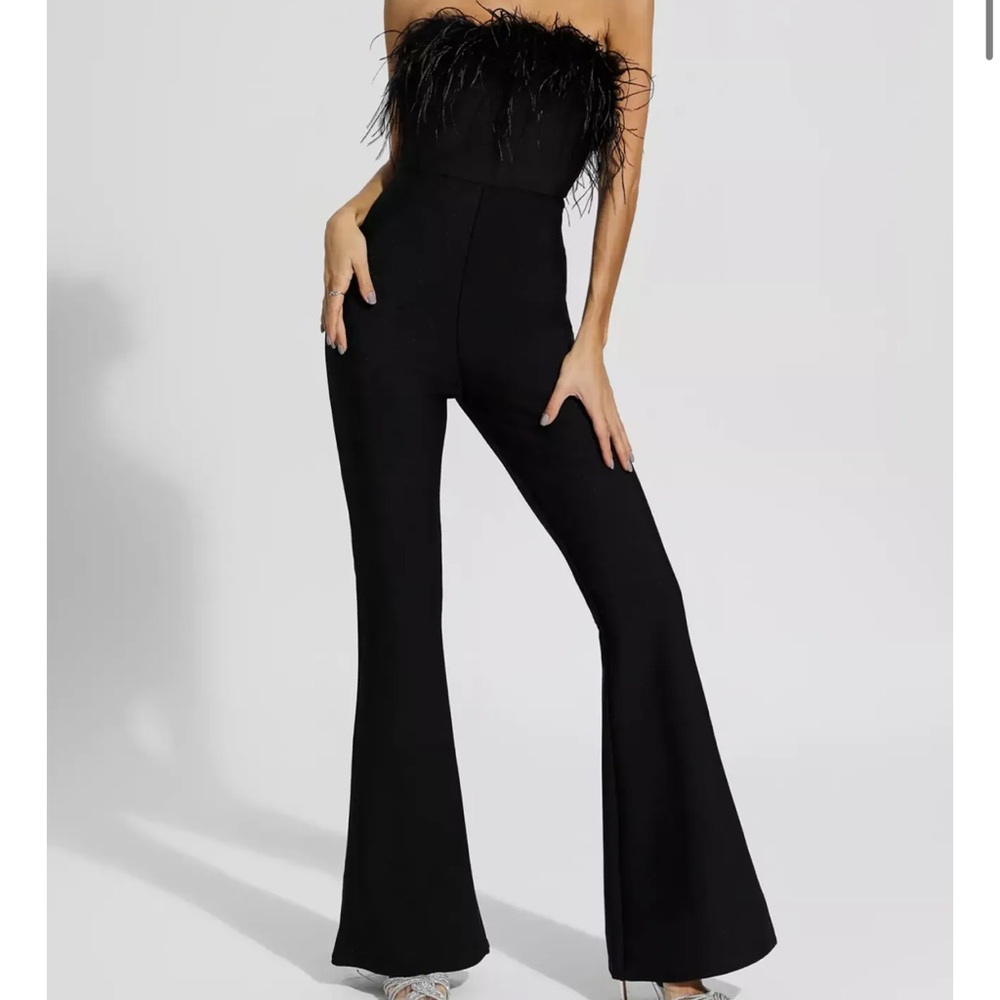 Strapless Lilith Black Bandage Jumpsuit with Feathers